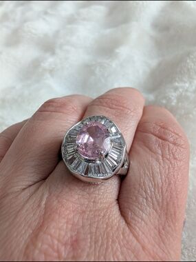 Sterling Silver 925 Pink Stone Cocktail Ring Baguette Halo Statement Size 7.25